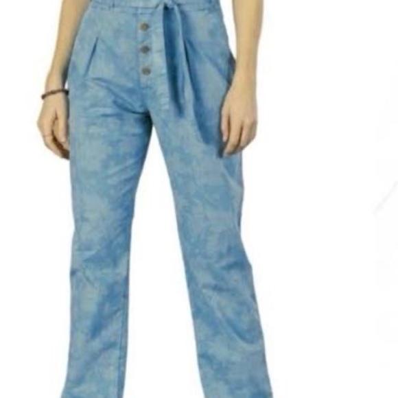 NWT Sundance Womens Sz 10 Bastille Easy Pants Blue Floral Button Fly Tie - Picture 1 of 11